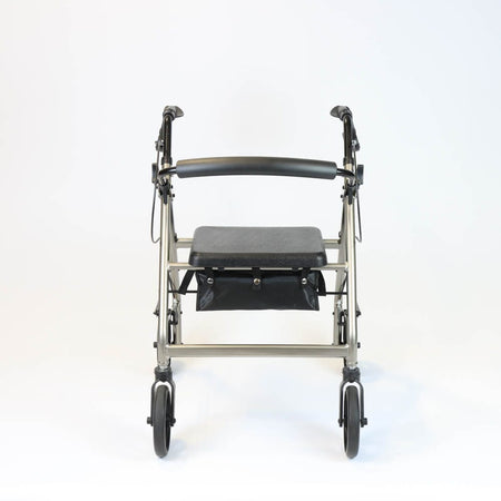 NRS Petite A-Series Lightweight 4 Wheel Rollator rollator folded from the front, demonstrating its slim, space-saving design.