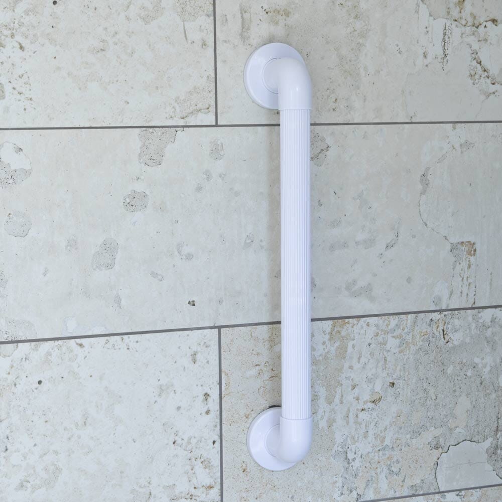 Full view of NRS Plastic Fluted Grab Rail grab rail with circular wall plates and a textured grip, designed to provide support in bathrooms and other areas.