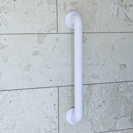Full view of NRS Plastic Fluted Grab Rail grab rail with circular wall plates and a textured grip, designed to provide support in bathrooms and other areas.