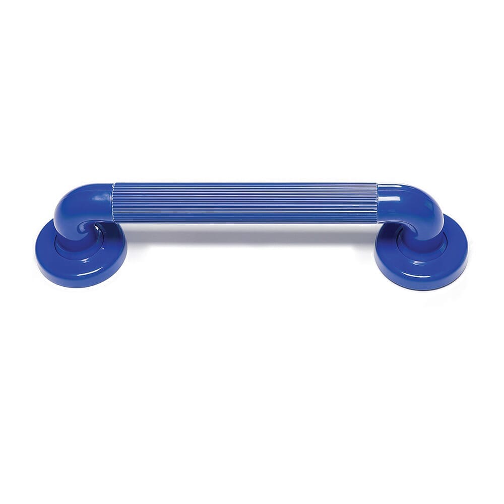 Full view of NRS Plastic Fluted Grab Rail grab rail with circular wall plates and a textured grip, designed to provide support in bathrooms and other areas.
