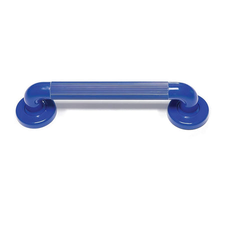 Full view of NRS Plastic Fluted Grab Rail grab rail with circular wall plates and a textured grip, designed to provide support in bathrooms and other areas.