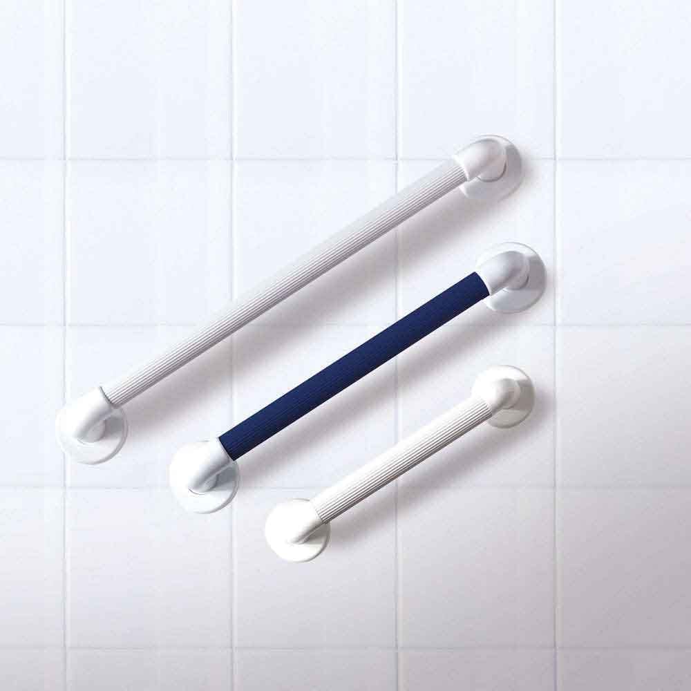 Close-up of a wall mounting plate on NRS Plastic Fluted Grab Rail grab rail showing screw holes for secure installation.