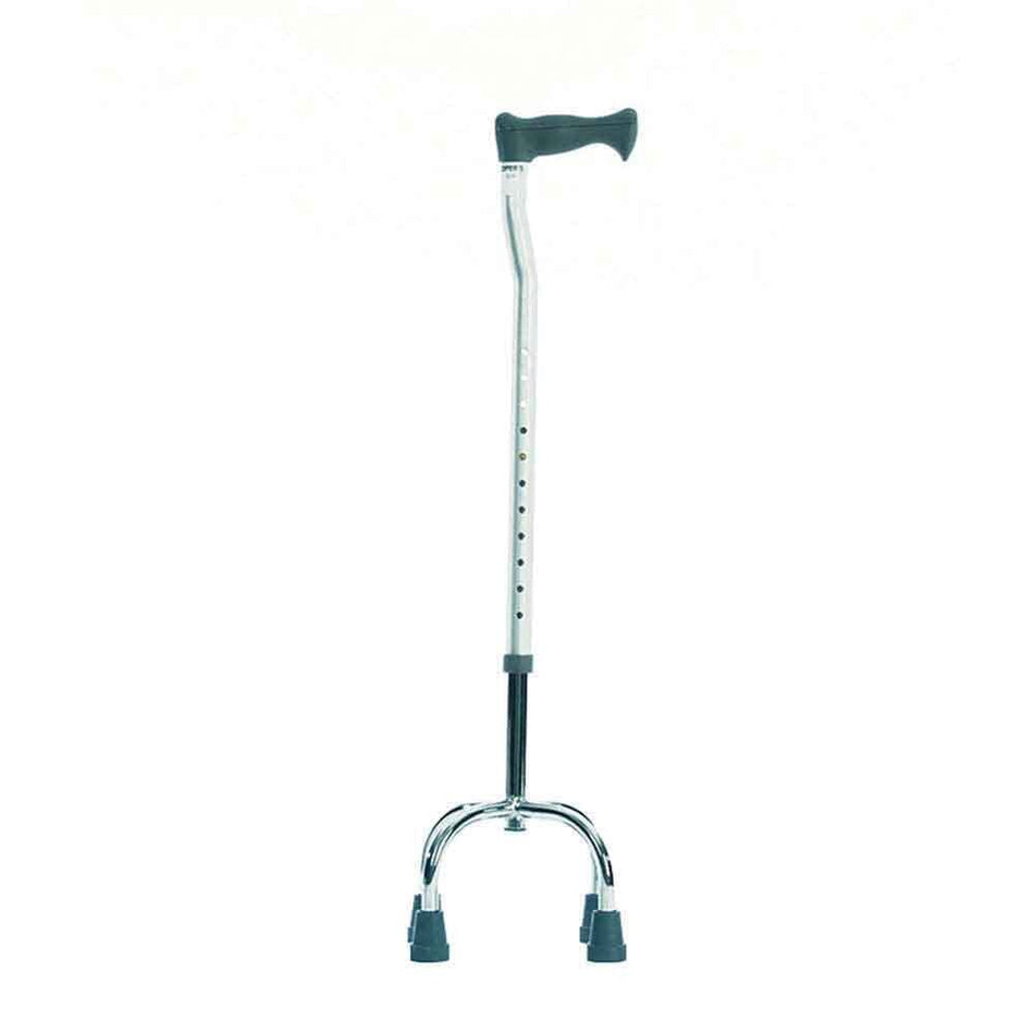 Full view of NRS Quad Base Walking Stick-Centred Legs walking stick on a plain background, showing its handle, shaft and ferrule.