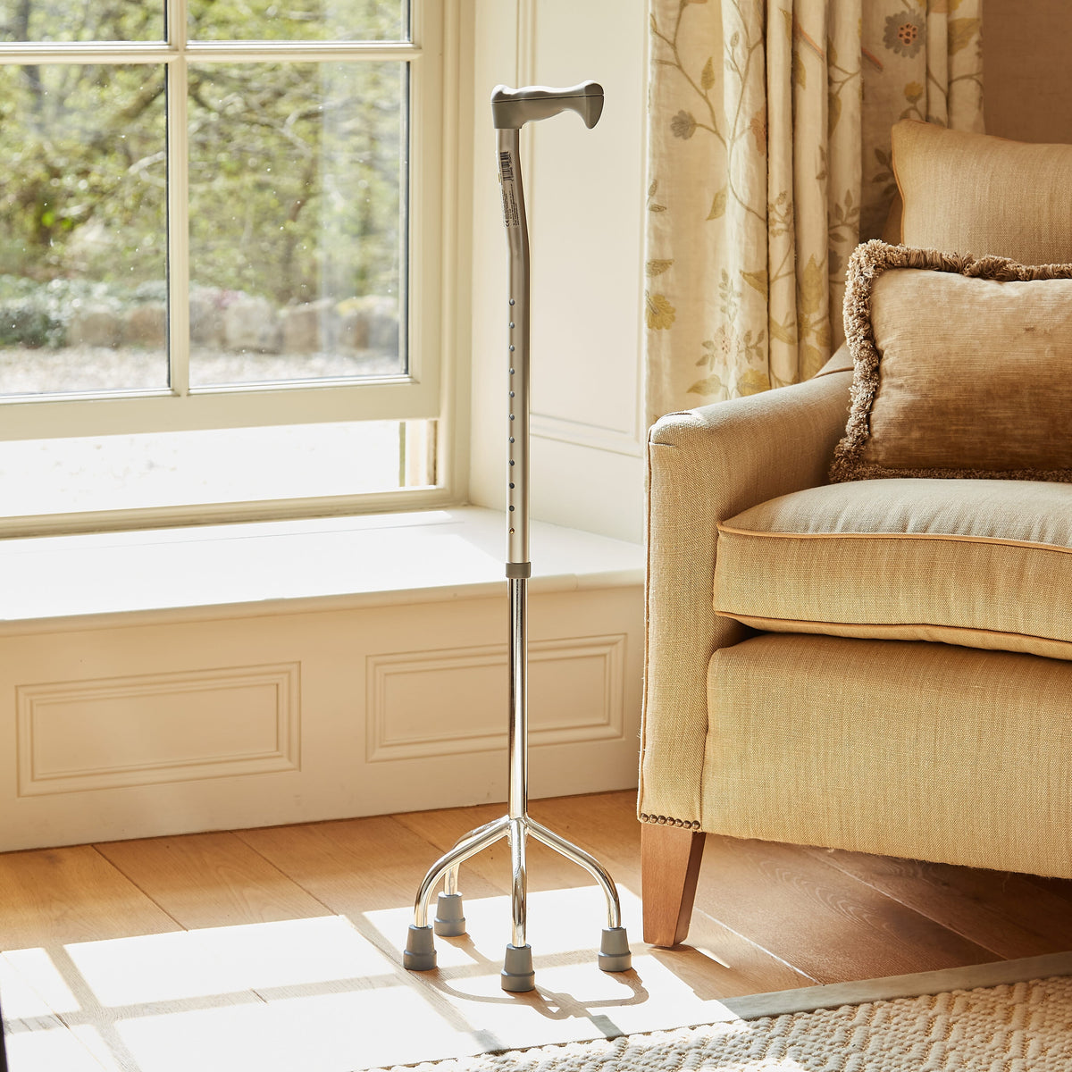 Full view of NRS Quad Base Walking Stick walking stick on a plain background, showing its handle, shaft and ferrule.