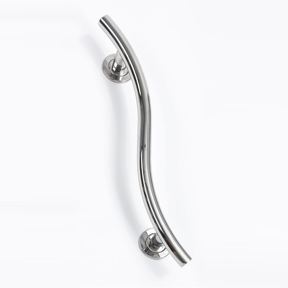 Full view of NRS SPA Stainless Steel Grab Rail-Curved grab rail with circular wall plates and a textured grip, designed to provide support in bathrooms and other areas.