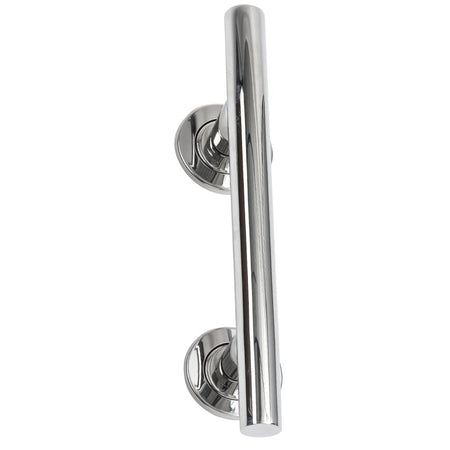 Full view of NRS SPA Stainless Steel Grab Rail-Straight grab rail with circular wall plates and a textured grip, designed to provide support in bathrooms and other areas.