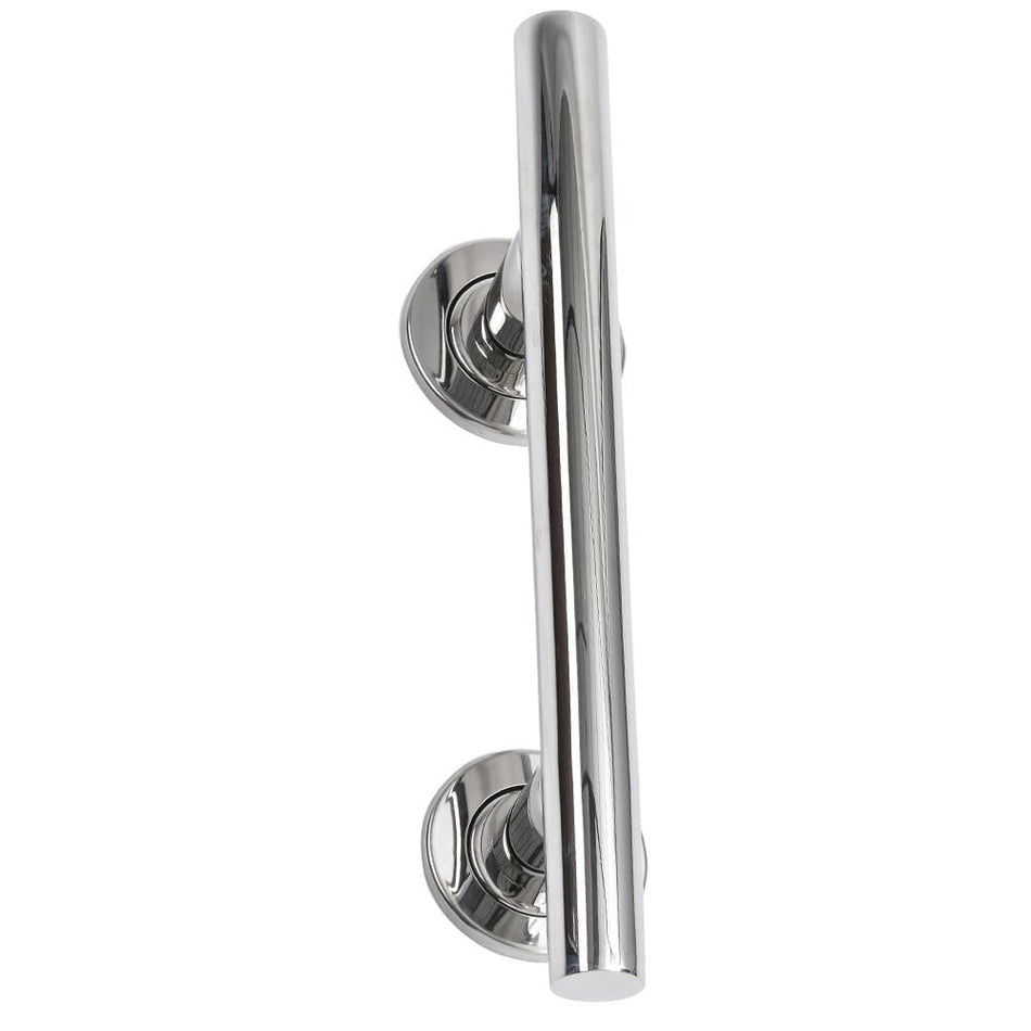 Full view of NRS SPA Stainless Steel Grab Rail-Straight grab rail with circular wall plates and a textured grip, designed to provide support in bathrooms and other areas.