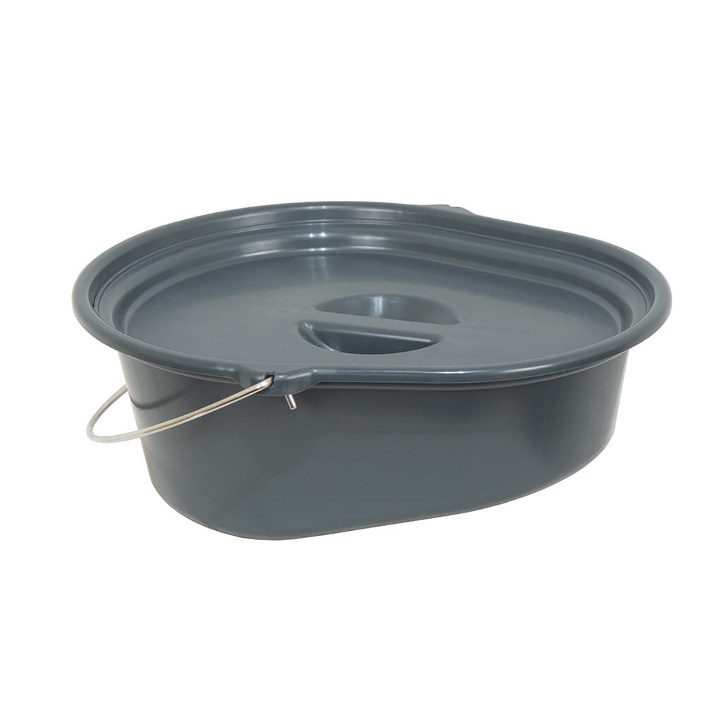 NRS Sanctuary Commode Potty Kit Spare with lid raised showing the open seat and removable commode pan, with supportive arms and adjustable height on a plain background.