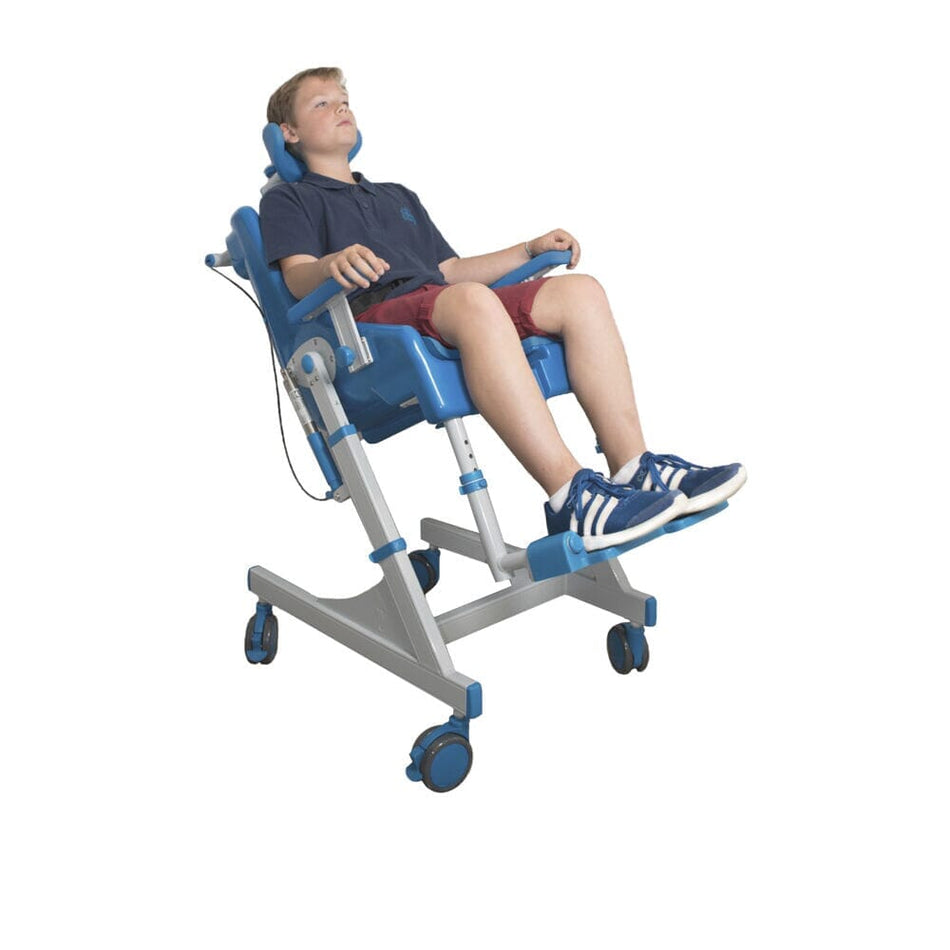 Side view of NRS Seahorse Plus Toileting Shower Chair highlighting the seat height, optional armrests and sturdy aluminium legs.