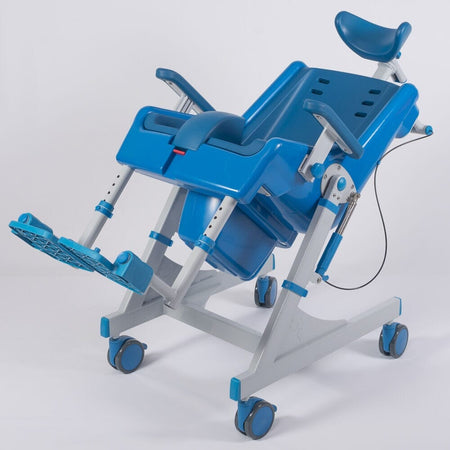 Close-up of the seat on NRS Seahorse Plus Toileting Shower Chair, showing drainage holes and textured surface for comfort.