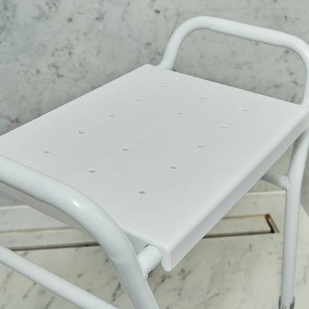 Top view of NRS Shower Stool With Handles showing drainage holes in the seat for quick water runoff.