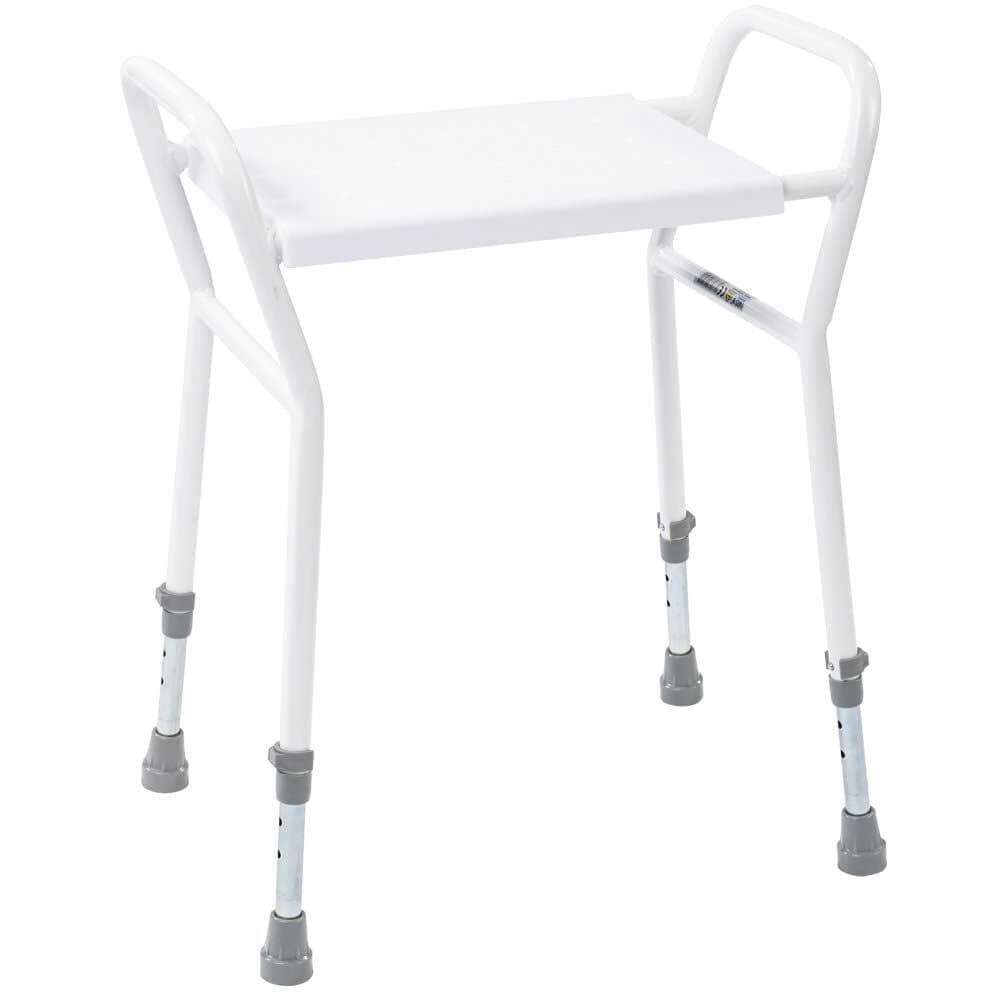 NRS Shower Stool With Handles placed in a shower to demonstrate safe, space-saving seating.