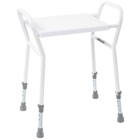 NRS Shower Stool With Handles placed in a shower to demonstrate safe, space-saving seating.