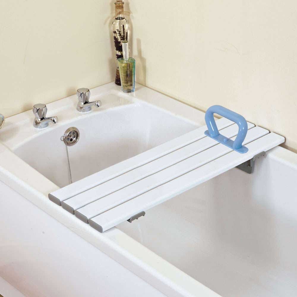 Close-up of the handle on NRS Slatted Bath Board Handle, highlighting its secure grip for safe transfers.