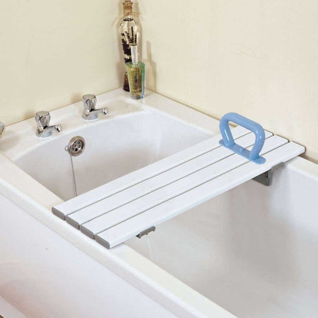 Close-up of the handle on NRS Slatted Bath Board Handle, highlighting its secure grip for safe transfers.