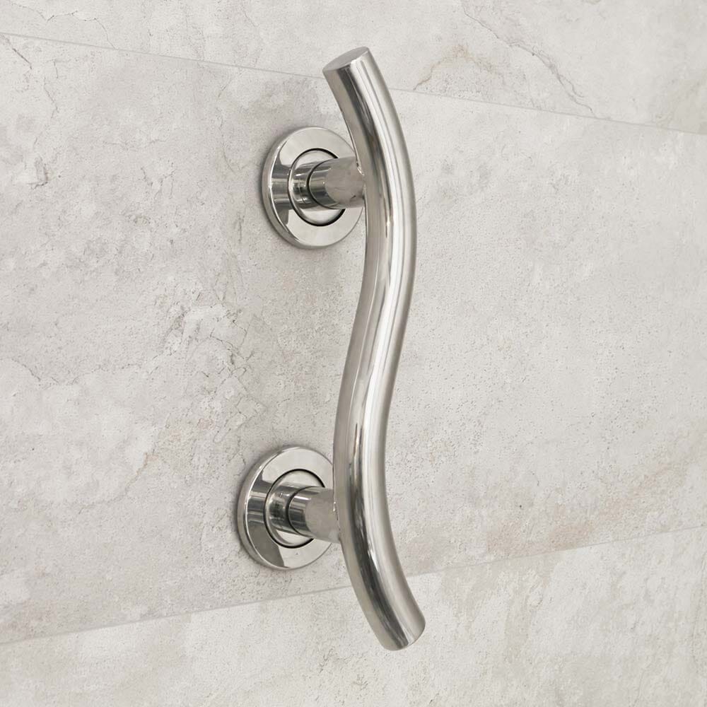 Full view of NRS Spa Stainless Steel Curved Grab Rail-350mm grab rail with circular wall plates and a textured grip, designed to provide support in bathrooms and other areas.