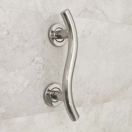 Full view of NRS Spa Stainless Steel Curved Grab Rail-350mm grab rail with circular wall plates and a textured grip, designed to provide support in bathrooms and other areas.