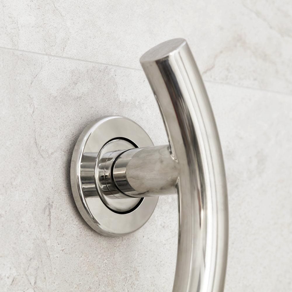 Close-up of a wall mounting plate on NRS Spa Stainless Steel Curved Grab Rail-350mm grab rail showing screw holes for secure installation.