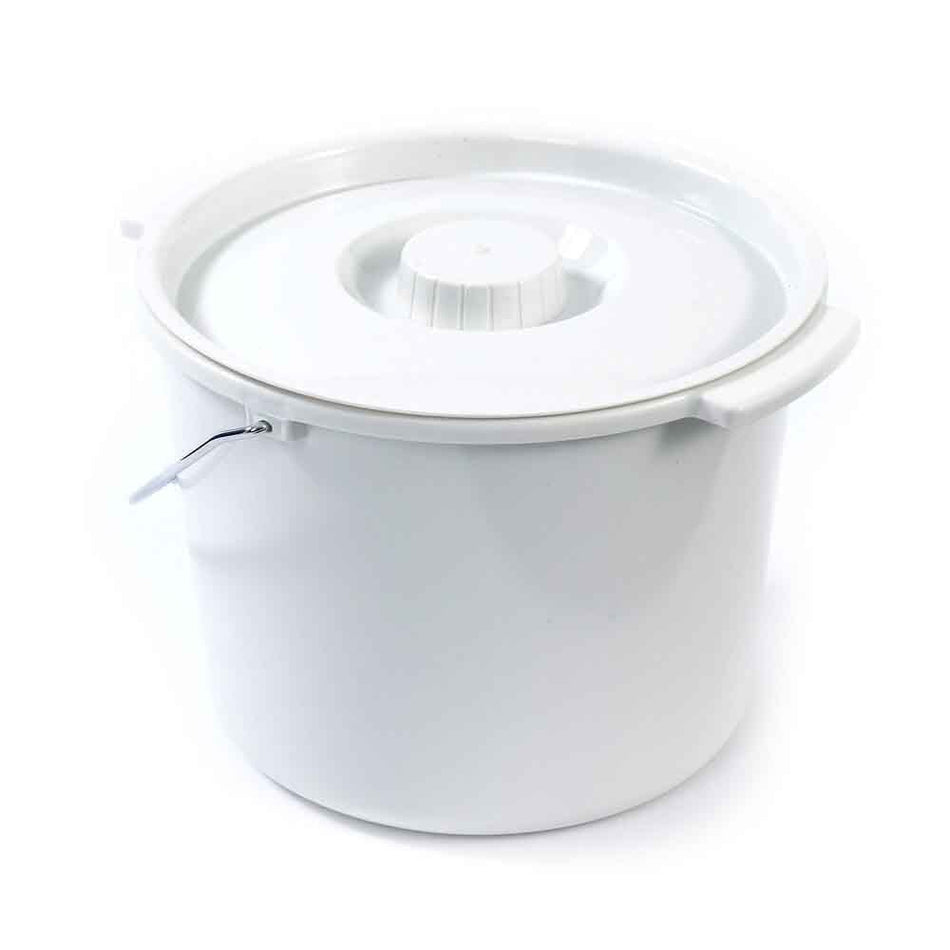 NRS Spare Commode Pan for Height Adjustable Toilet Frame with Seat with lid raised showing the open seat and removable commode pan, with supportive arms and adjustable height on a plain background.