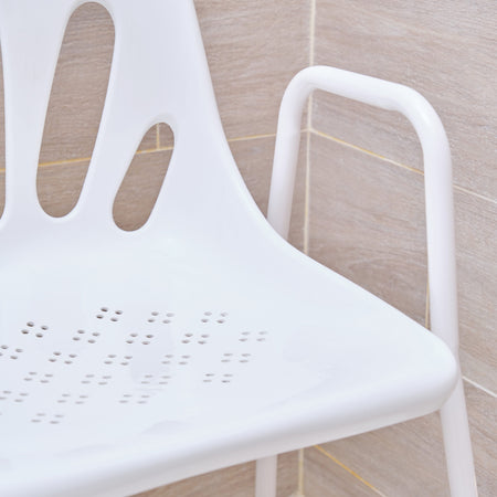 Side view of NRS Stackable Adjustable Shower Chair highlighting the seat height, optional armrests and sturdy aluminium legs.