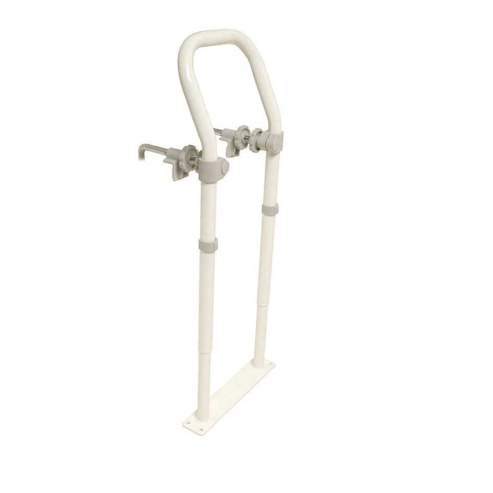Full view of NRS Swedish Bath Grab Rail grab rail with circular wall plates and a textured grip, designed to provide support in bathrooms and other areas.