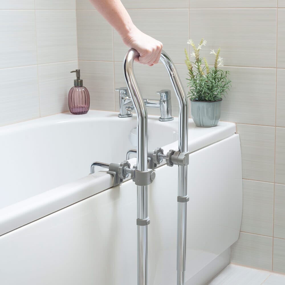 Full view of NRS Swedish Bath Grab Rail grab rail with circular wall plates and a textured grip, designed to provide support in bathrooms and other areas.