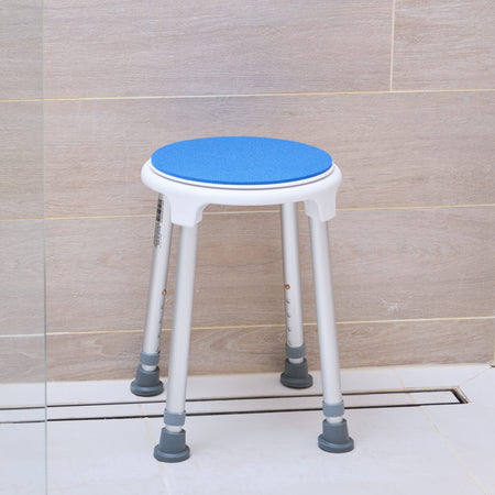 Side view of NRS Swivel Shower Stool highlighting the lightweight aluminium legs and non-slip ferrules.