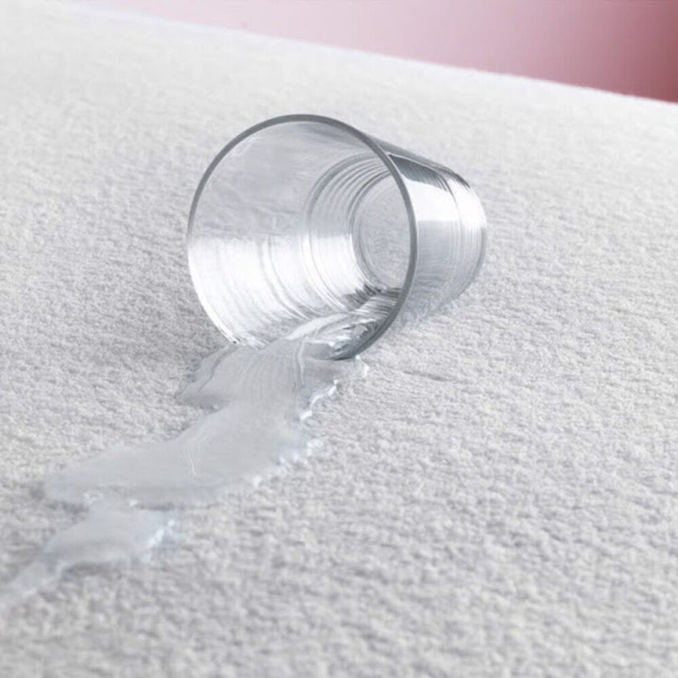 Full view of NRS Terry Towelling Waterproof Mattress Protector mattress protector on a plain background, showing its quilted surface.