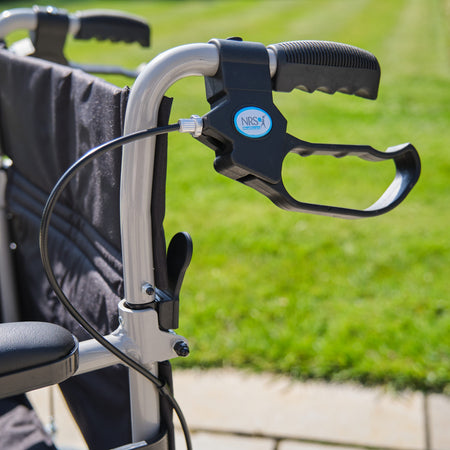 Close-up of a feature of NRS Transit-Lite Attendant Controlled Wheelchair.
