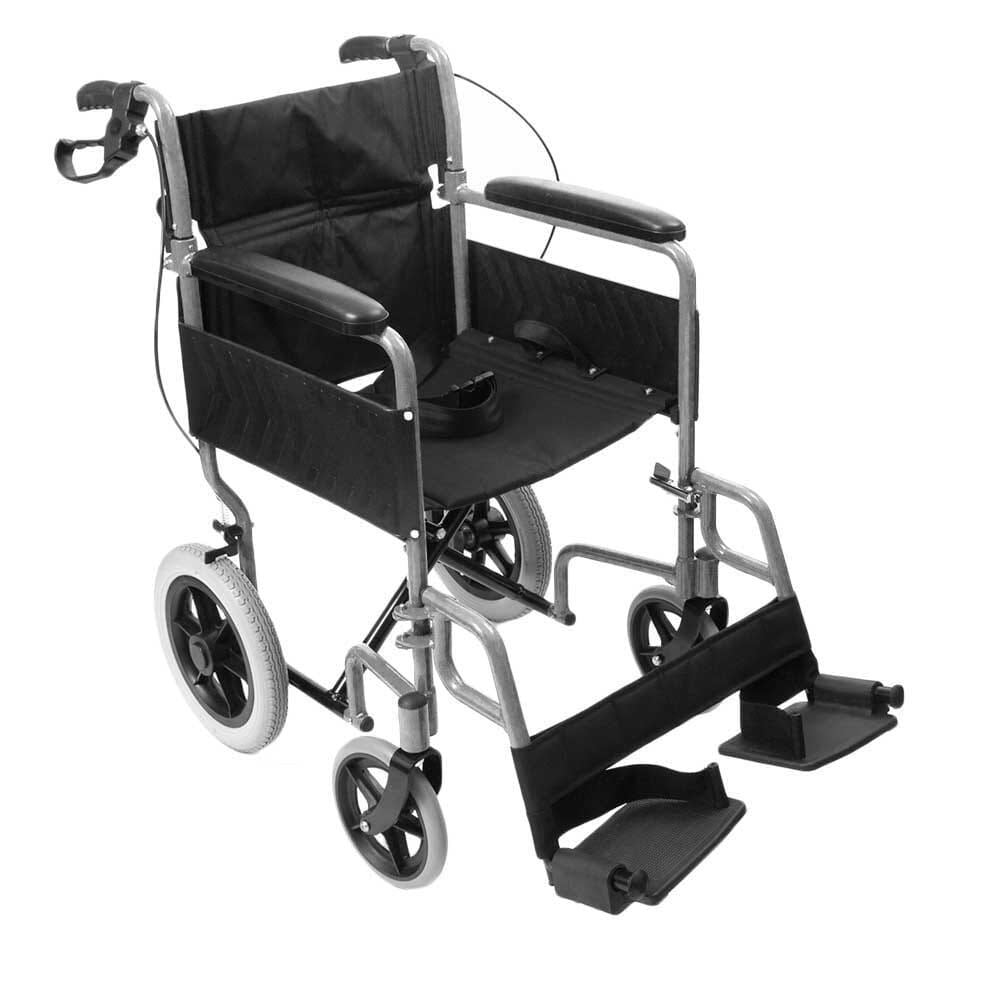 Diagram or packaging of NRS Transit-Lite Attendant Controlled Wheelchair highlighting dimensions or features.