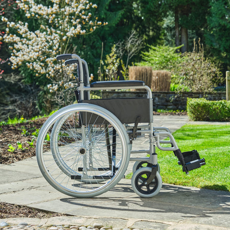 Diagram or packaging of NRS Transit-Lite Self-Propelled Wheelchair highlighting dimensions or features.