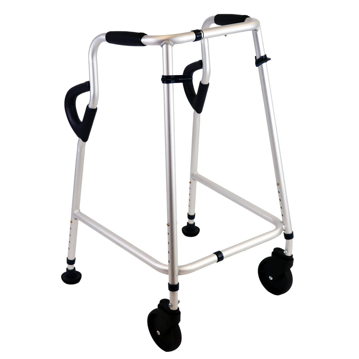NRS Walk Safe Walking Frame on a plain background with two front wheels, two rear ferrules and both upper and lower handgrips.
