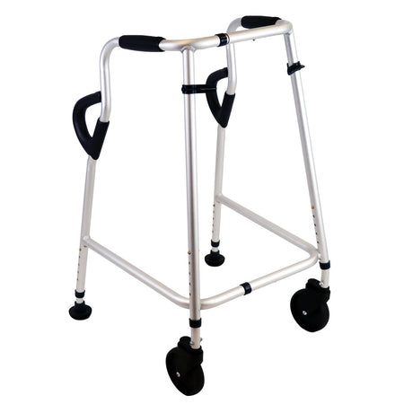 NRS Walk Safe Walking Frame on a plain background with two front wheels, two rear ferrules and both upper and lower handgrips.