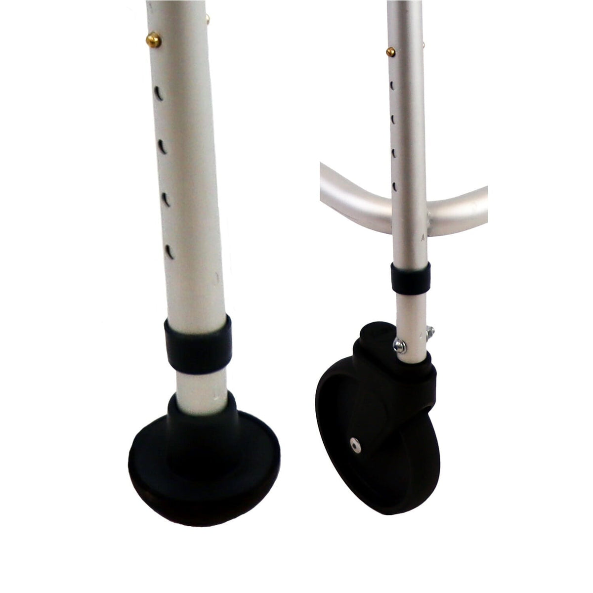 Close-up of the adjustable leg on NRS Walk Safe Walking Frame, showing height settings and rubber ferrule.