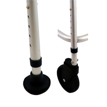 Close-up of the adjustable leg on NRS Walk Safe Walking Frame, showing height settings and rubber ferrule.