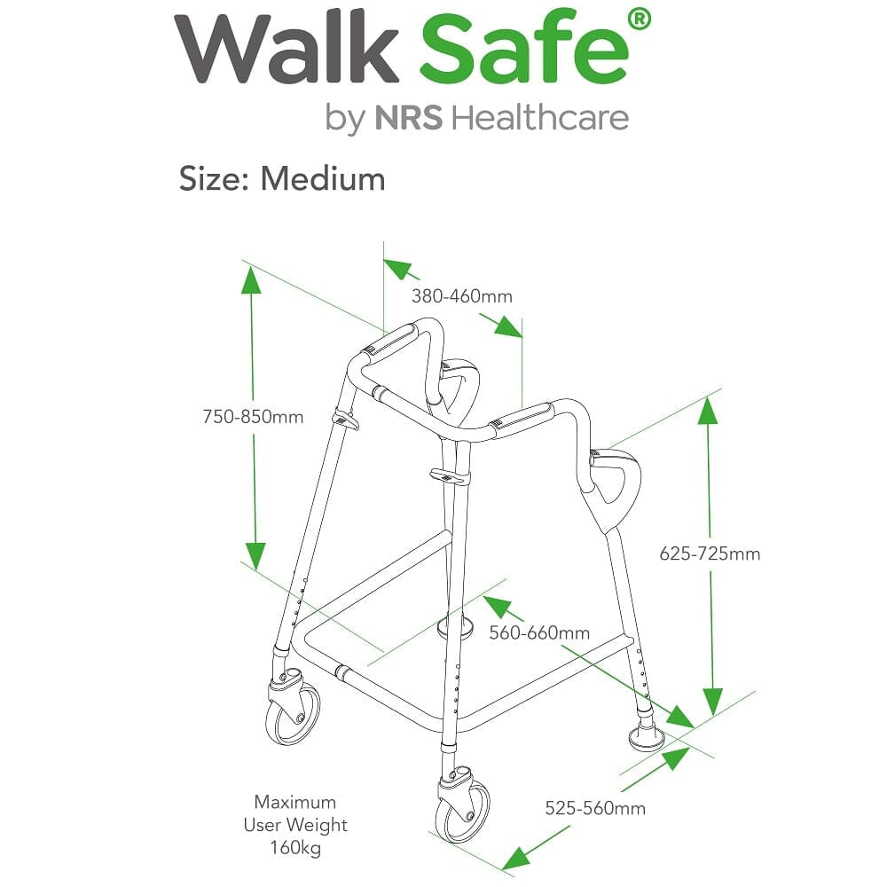 NRS Walk Safe Walking Frame line drawing with measurements, indicating height, width and depth dimensions.