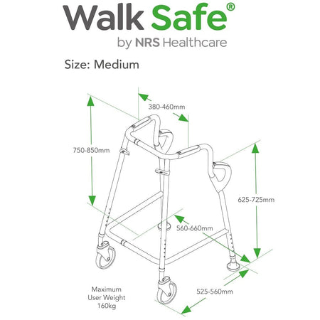 NRS Walk Safe Walking Frame line drawing with measurements, indicating height, width and depth dimensions.