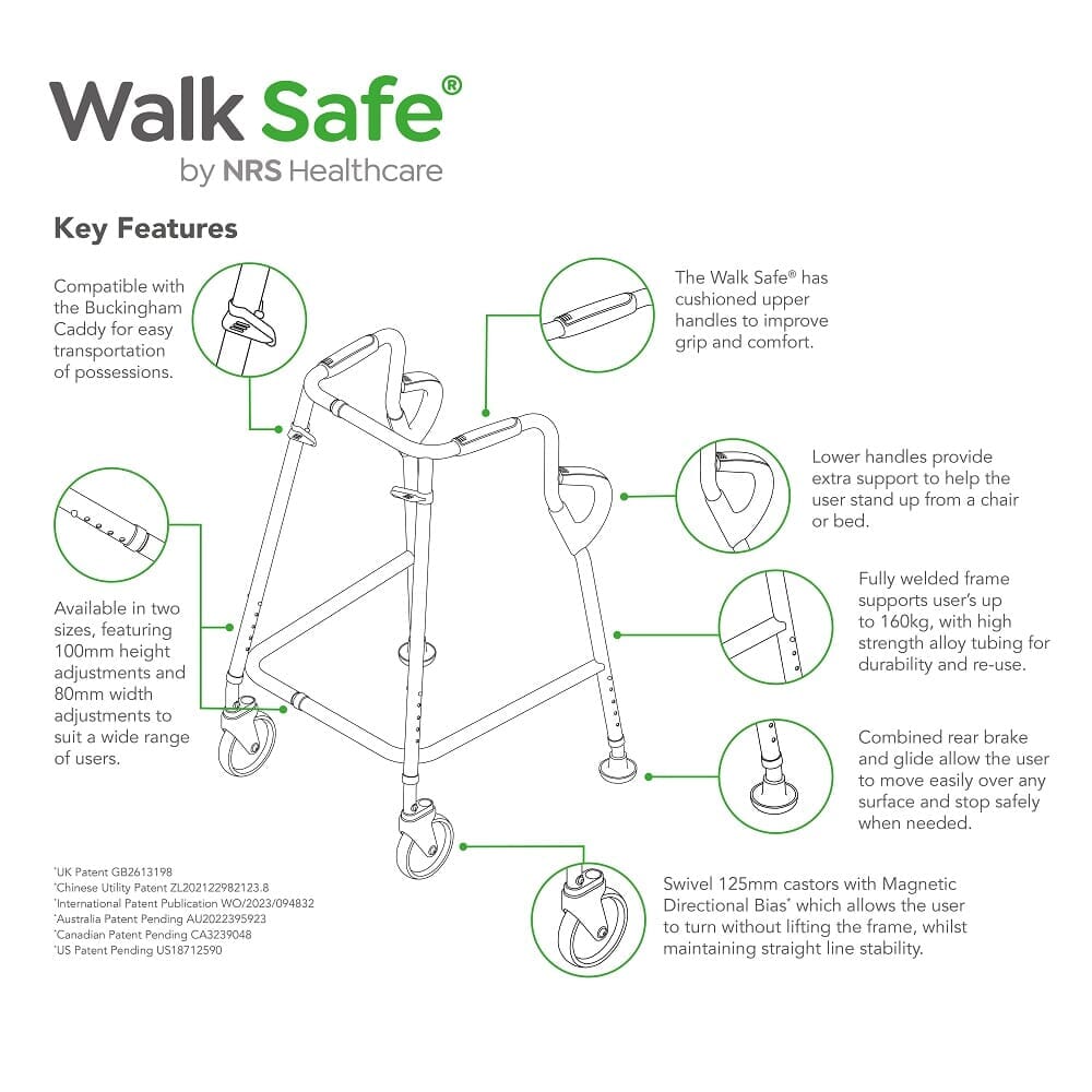 Feature diagram of NRS Walk Safe Walking Frame, highlighting cushioned handles, lower support handles, adjustable height and swivel castors.
