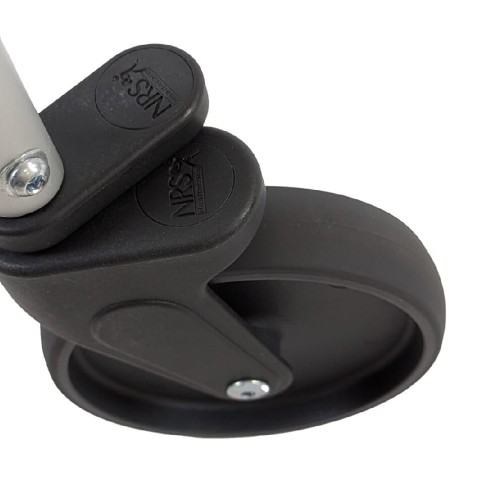 Close-up of a swivel castor on NRS Walk Safe Walking Frame, emphasising the smooth-rolling wheel.