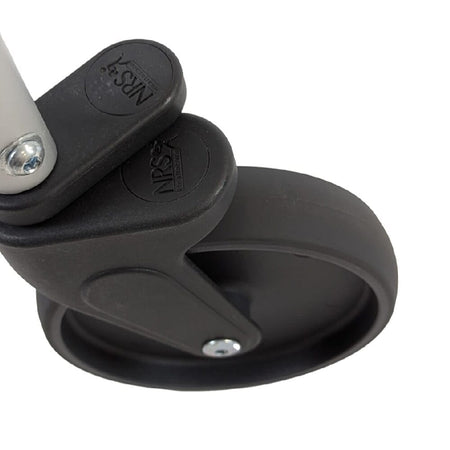 Close-up of a swivel castor on NRS Walk Safe Walking Frame, emphasising the smooth-rolling wheel.