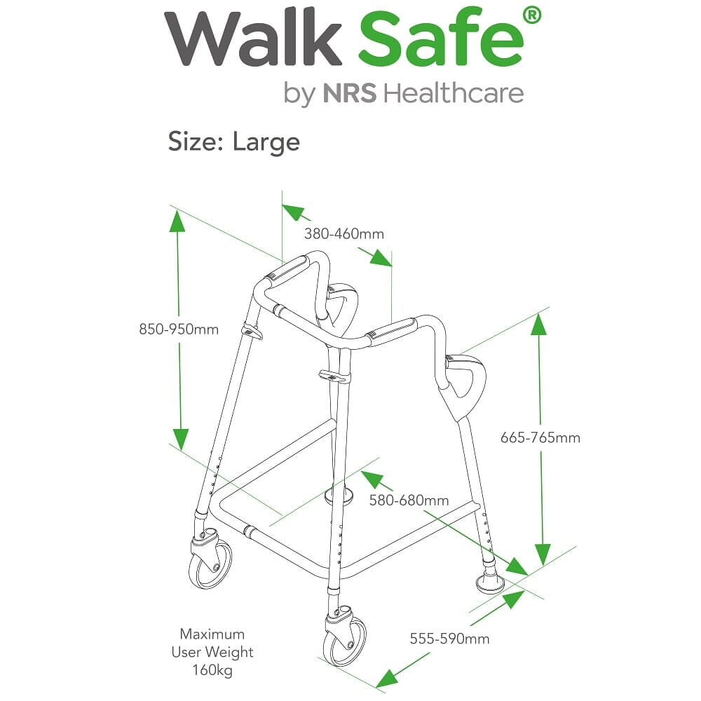 NRS Walk Safe Walking Frame line drawing with measurements, indicating height, width and depth dimensions.