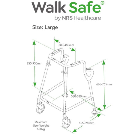 NRS Walk Safe Walking Frame line drawing with measurements, indicating height, width and depth dimensions.