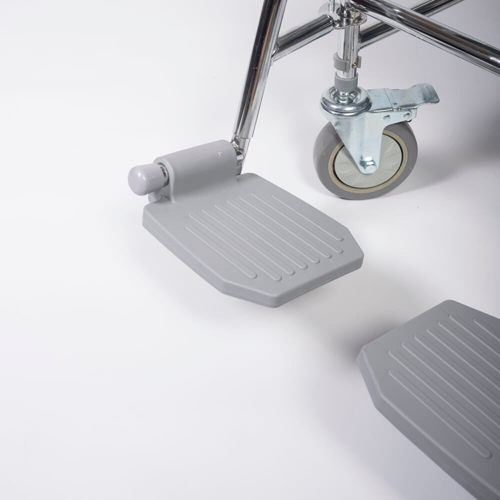 NRS Wheeled Commode Footrests with lid raised showing the open seat and removable commode pan, with supportive arms and adjustable height on a plain background.