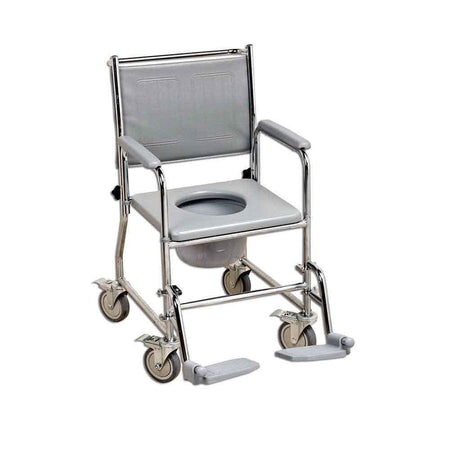 NRS Wheeled Commode with lid raised showing the open seat and removable commode pan, with supportive arms and adjustable height on a plain background.