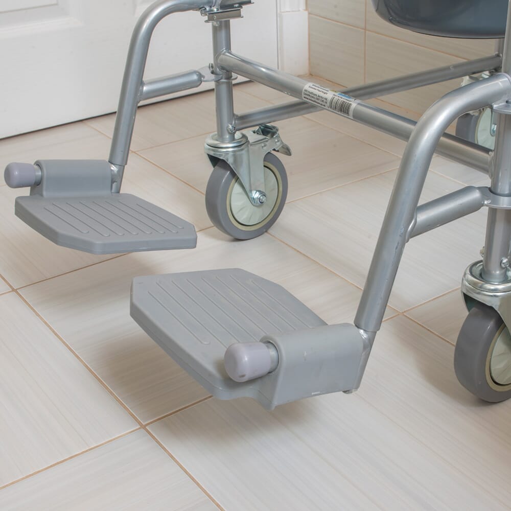 Close-up of the height-adjustable legs or non-slip feet on NRS Wheeled Commode.