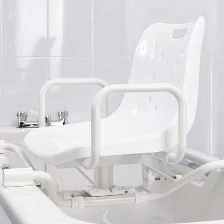 Diagram or packaging of NRS Width Adjustable Swivel Bath Seat highlighting dimensions or features.