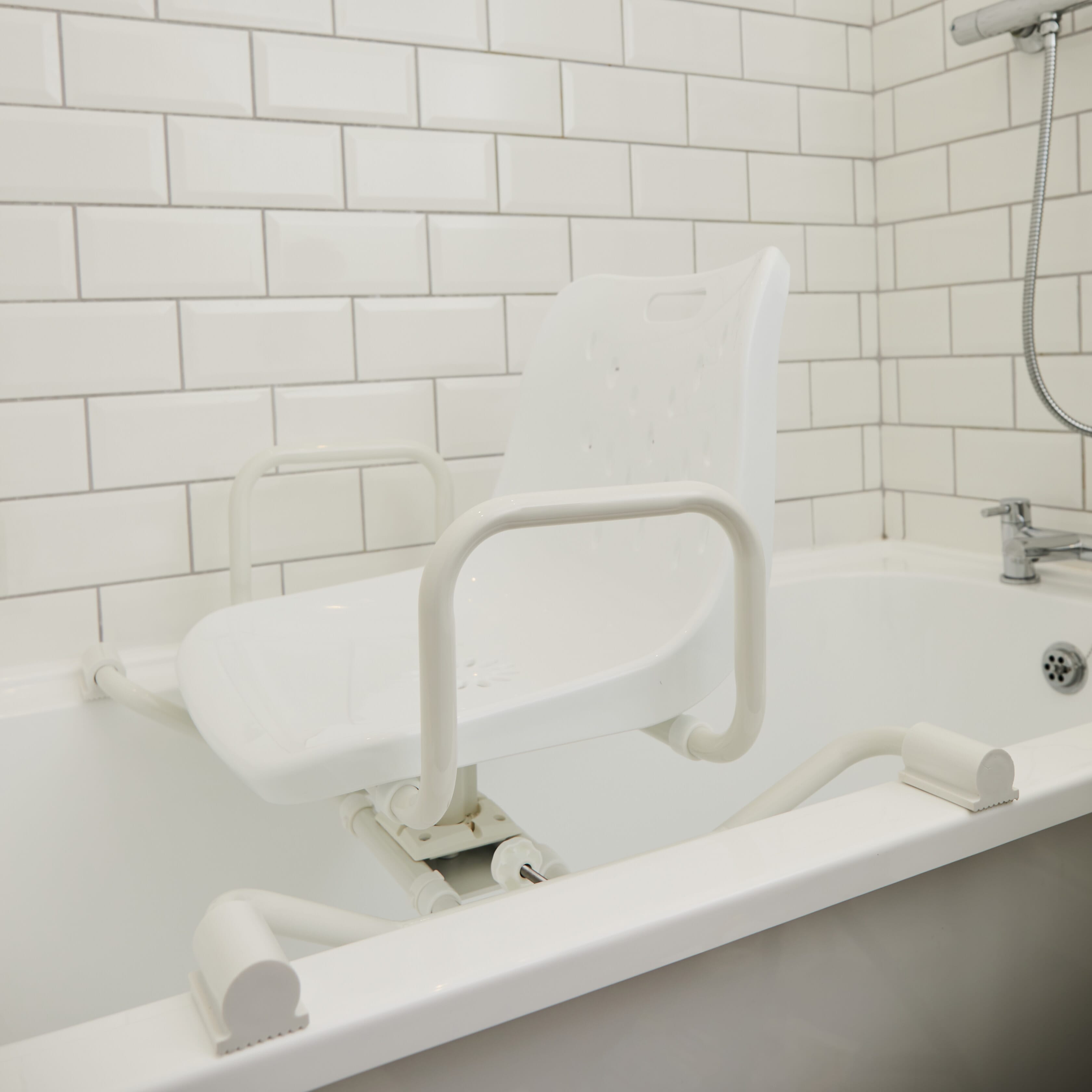 Diagram or packaging of NRS Width Adjustable Swivel Bath Seat highlighting dimensions or features.