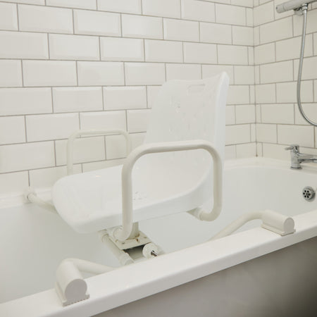 Diagram or packaging of NRS Width Adjustable Swivel Bath Seat highlighting dimensions or features.