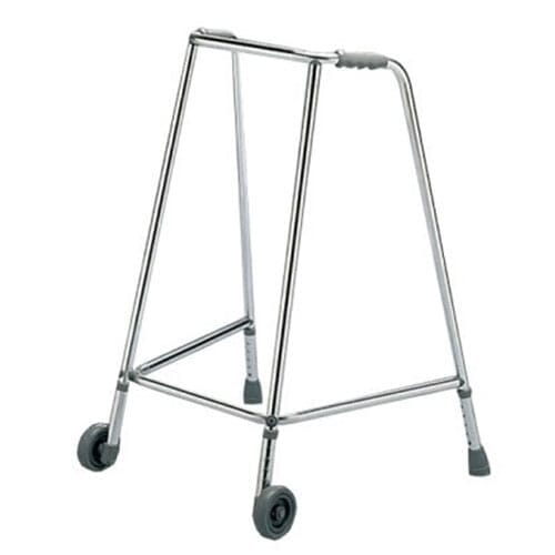 Narrow Walking Frame with Wheels on a plain background with two front wheels, two rear ferrules and both upper and lower handgrips.