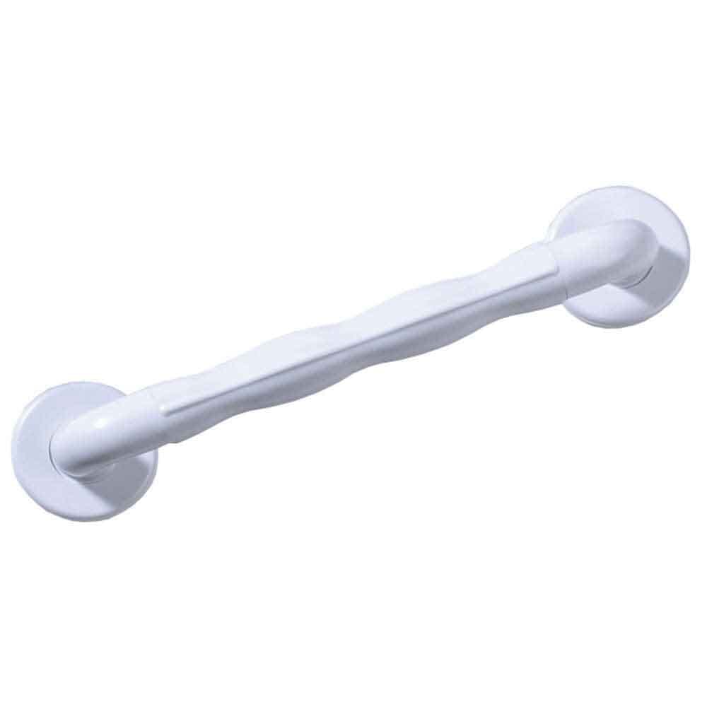 Full view of Natural Grip Plastic Straight Grab Rail grab rail with circular wall plates and a textured grip, designed to provide support in bathrooms and other areas.